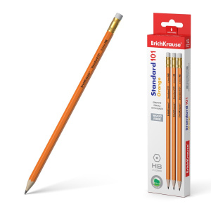 Чернографитный карандаш пластиковый ErichKrause Standard 101 Orange, шестигранный, с ластиком, HB (в