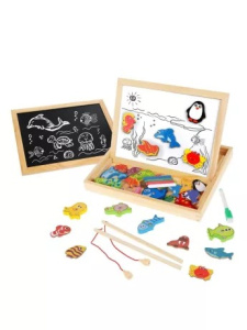 Бизи-чемоданчик /Рыбалка/: доска для рисования, меловая доска, магнитные фигурки и фигурки для рыбал