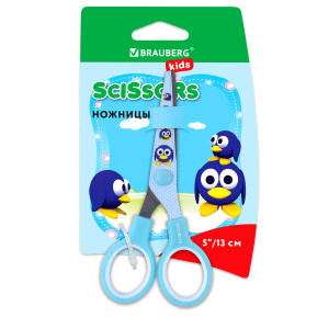 Ножницы 130 мм с цветной печатью /Пингвины/, голубые, закругленные, BRAUBERG KIDS, 232271