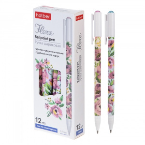 РУЧКА Hatber шариковая Flora Синяя 0,7мм с колпачком и клипом чернила на масл.основе -Ассорти- 12шт.
