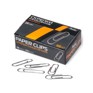 Скрепки канцелярские Hatber никелированные круглые 28мм 100шт. в картонной коробке