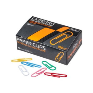 Скрепки канцелярские Hatber цветные круглые 28мм 100шт. в картонной коробке