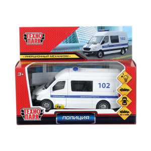 Машина металл свет-звук ПОЛИЦИЯ 14,5 см, двери, багаж, инерц, бел, кор. Технопарк в кор.2*36шт