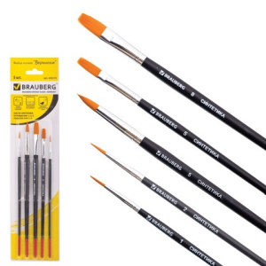 Кисти BRAUBERG, набор 5 шт. (синтетика, круглые № 1, 2, 5, плоские № 5, 8), блистер, 200219