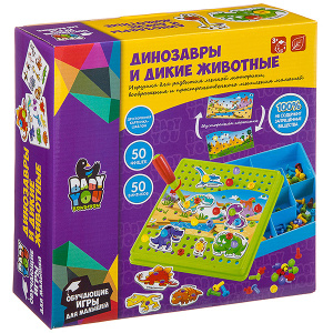 Мозаика для малышей Bondibon, ДИНОЗАВРЫ И ДИКИЕ ЖИВОТНЫЕ,карт-шабл,фиг,50 фиш,50 винт, отверт,BOX