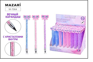 Карандаш вечный БАБОЧКИ с кристаллами внутри корпуса, 3 цвета корпуса в ассортименте, картонный дисп