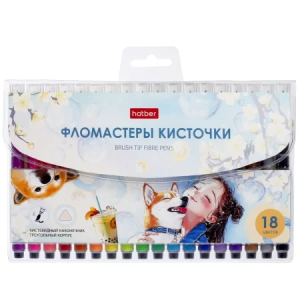 Фломастеры Hatber 18 цв. кистевидные M-Brush - BUBBLE-TEA - в ПВХ чехле с европодвесом