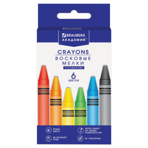 Восковые мелки утолщенные BRAUBERG /АКАДЕМИЯ/, НАБОР 6 цветов, 227286
