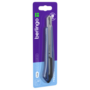 Нож канцелярский 9мм Berlingo /Razzor 200/, auto-lock, металл. направл., синий, европодвес