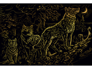 Гравюра А4 в пакете с ручкой. Золото. Волки в лесу ( Арт. Г-5977)