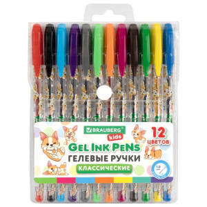 Ручки гелевые КЛАССИЧЕСКИЕ BRAUBERG KIDS /CUTE ANIMALS/, НАБОР 12 ЦВЕТОВ, корпус с печатью, узел 1 м