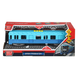 Модель пластик свет-звук ЭЛЕКТРОВАГОН 30 см, двер,4 кноп,инерц,син-голуб,кор Технопарк в кор.24шт