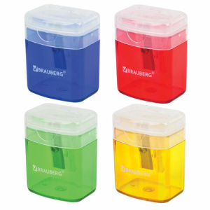Точилка BRAUBERG /OfficeBox/, с контейнером и крышкой, прямоугольная, в упаковке с подвесом, ассорти