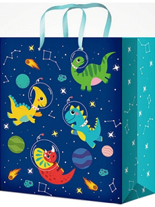 Optima Пакет подарочный с глянцевой ламинацией 26,4x32,7x8 см(L) Динозаврики, синий, 128 г ППК-4489