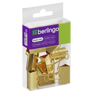 Зажимы для бумаг 25мм, Berlingo, 10шт., ПВХ упак., европодвес, золото BC1025g