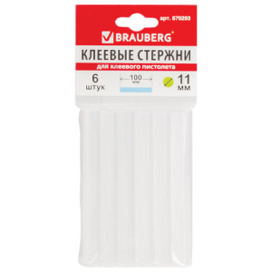 Клеевые стержни, диаметр 11мм, длина 100мм, прозрачные, КОМПЛЕКТ 6 шт., BRAUBERG, европодвес, 670293