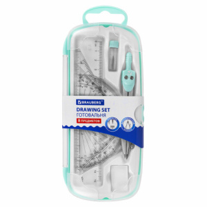 Готовальня BRAUBERG SCHOOL KIT, 8 предметов, циркуль 115 мм, чертежные принадлежности, мятный цвет, 