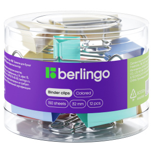 Зажимы для бумаг 32мм, Berlingo, 12шт., цветные, пластиковый тубус BC1232m