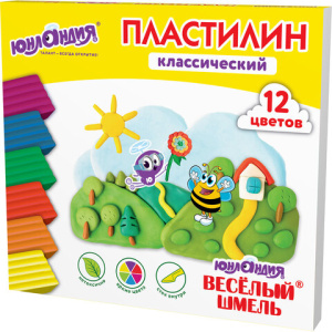 Пластилин классический ЮНЛАНДИЯ /ВЕСЁЛЫЙ ШМЕЛЬ/, 12 цветов, 240 грамм, стек, ВЫСШЕЕ КАЧЕСТВО, 106431