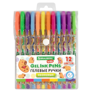 Ручки гелевые НЕОНОВЫЕ BRAUBERG KIDS /CUTE ANIMALS/, НАБОР 12 ЦВЕТОВ, корпус с печатью, узел 1 мм, л