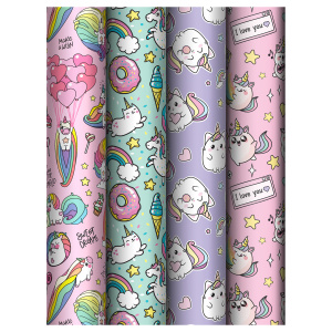 Упаковочная бумага глянц. 70*100см, MESHU /Unicorn/, 80 г/м2, ассорти, 4 дизайна (г.1)