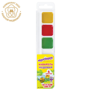 Краски акварельные ЮНЛАНДИЯ /ВЕСЕЛЫЙ ШМЕЛЬ/, медовые, 6 цветов, КЛАССИЧЕСКИЕ, пластик, 191528