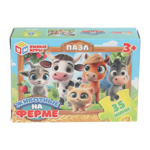 Животные на ферме. Пазлы классические. 35 деталей. 90х65х25 мм. Умные игры в уп.32шт в кор.8уп