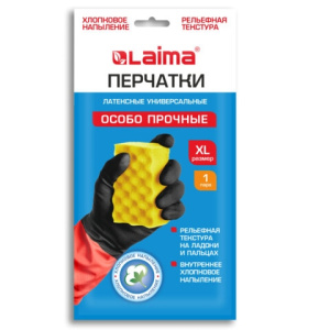 Перчатки МНОГОРАЗОВЫЕ латексные LAIMA /БИКОЛОР/ черно-красные, ОСОБО ПРОЧНЫЕ, хлопковое напыление, р