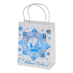 Пакет Снежинка и олень из крафт-бумаги, для сувенирной продукции, с шириной основания 26 см, плотнос