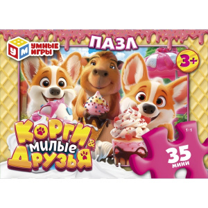 Корги и милые друзья. Пазлы в коробке 35 деталей. 90х65х25 мм. Умные игры в уп.32шт в кор.8уп