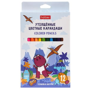 Карандаши цветные Hatber утолщен. шестигр. корпус 12 цв. JUMBO серия  ДИНОСАД  с точилкой в картонно