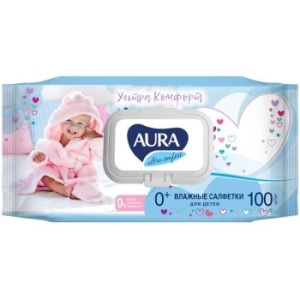 Салфетки влажные Aura /Ultra comfort/, 100шт., детские, очищающие, без спирта, клапан 8109