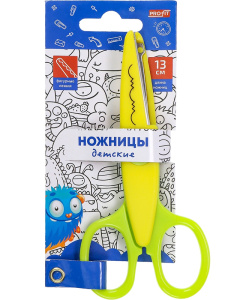 TM /Profit/ Ножницы детские, жёлто-зелёные. МОНСТРИКИ 13 см (НЖ-1154) с фигур.лезв,в к/б, кр 12/480