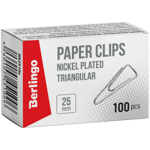 Скрепки 25мм, Berlingo, 100шт., никелированные треугольные, с отогнутым носиком, карт. упак. BK2510n