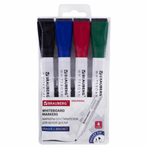 Маркеры стираемые на магните со стирателем для белой доски, 4 ЦВЕТА, BRAUBERG /UNIVERSAL/, 3 мм, 152