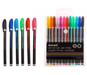 Набор ручек гелевых с блестками, 12 цв., пулевидный пиш.узел 0.9мм, корпус пластиковый цветной, ПВХ-