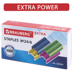 Скобы для степлера цветные №24/6, 1000 штук, BRAUBERG /EXTRA/, до 30 листов, 229301