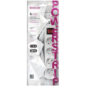 Удлинитель Defender S418, 4 розетки, с заземлением, выключатель, 1,8м, белый 99237