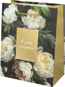 Dream cards Пакет подароч. с мат.лам. и глит. 18х23х10 см (M) Белые пионы, 190г(собс.раз.) ППК-2752