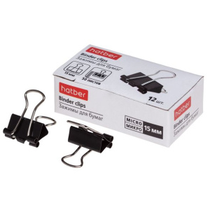 Зажимы для Бумаг Hatber 15мм черные 12шт.   в картонной коробке