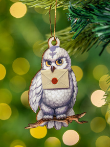 Елочная подвеска однослойная из дерева /Сова с письмом/, 9см, (Собств.разр.) НУ-3101