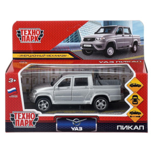 Машина металл УАЗ ПИКАП 12 см, двери, багаж, инерц, серебристый, кор. 