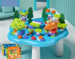 Игровой стол с Дино,синий. Комплект: стол 23*23*12см +2фигур+конструктор, в коробке
