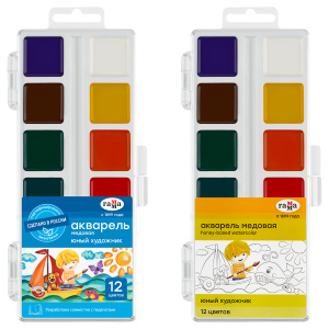 Акварель Гамма /Юный художник/, медовая, 12 цветов, без кисти, пластик, европодвес 212071