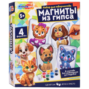 Магниты из гипса кошечки и собачки, 4 шт в наборе MultiArt