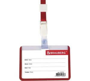 Бейдж школьника горизонтальный (55х90 мм), на ленте со съемным клипом, КРАСНЫЙ, BRAUBERG, 235762