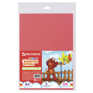 Цветная пористая резина (фоамиран) для творчества А4, толщина 2 мм, BRAUBERG, 5 листов, 5 цветов, не