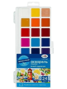 Акварель Гамма /Юный художник/, медовая, 24 цвета, без кисти, пластик. упак., европодвес 20240612