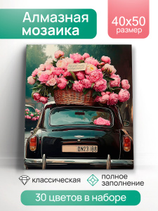 Алмаз. мозаика (класс) 40х50 см, с подр., с полн. заполн. (30цв.) Машина с цветами (Арт. НД-1293)