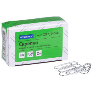 Скрепки 22мм, OfficeSpace, 100шт., оцинкованные, карт. упак. (10702070/030624/3193722/3, Китайская Н